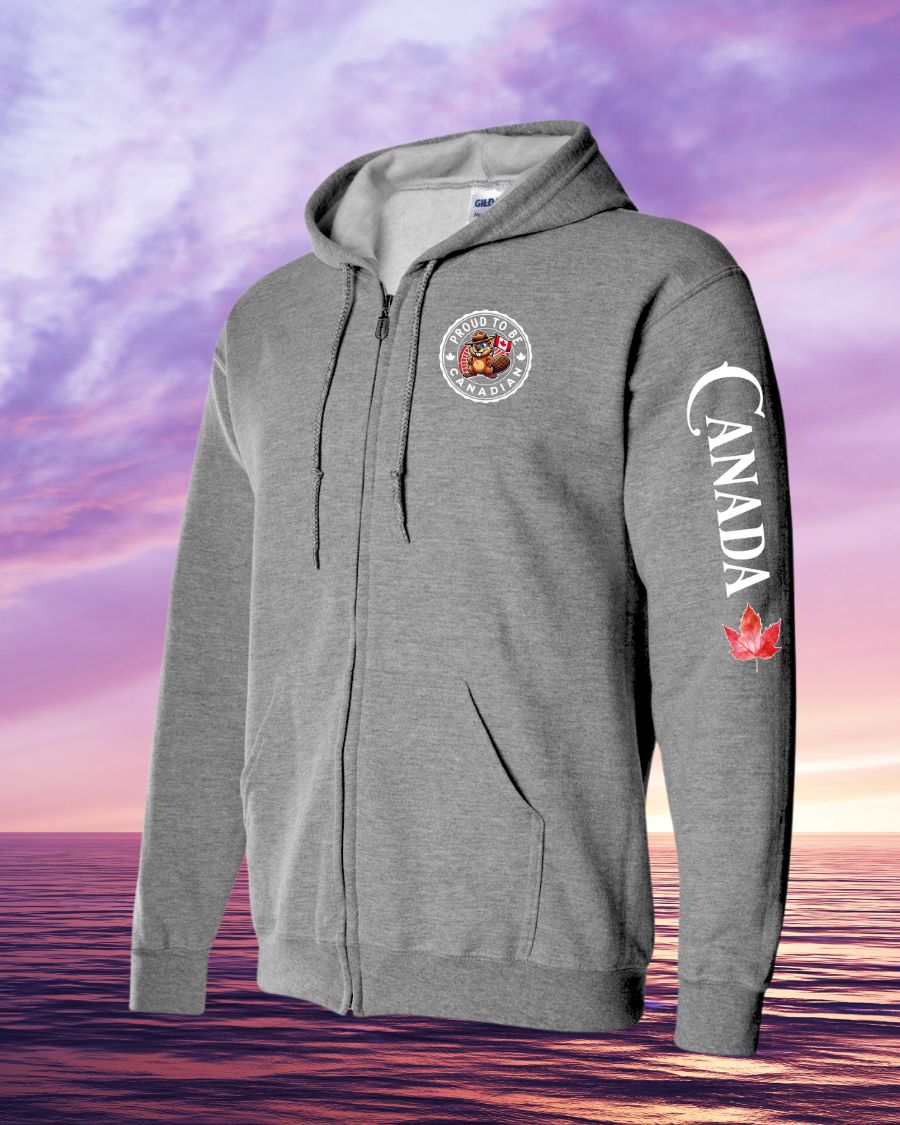 Proud to be Canadian Beaver left chest and sleeve Zip hoodie