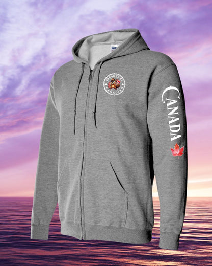 Proud to be Canadian Beaver left chest and sleeve Zip hoodie