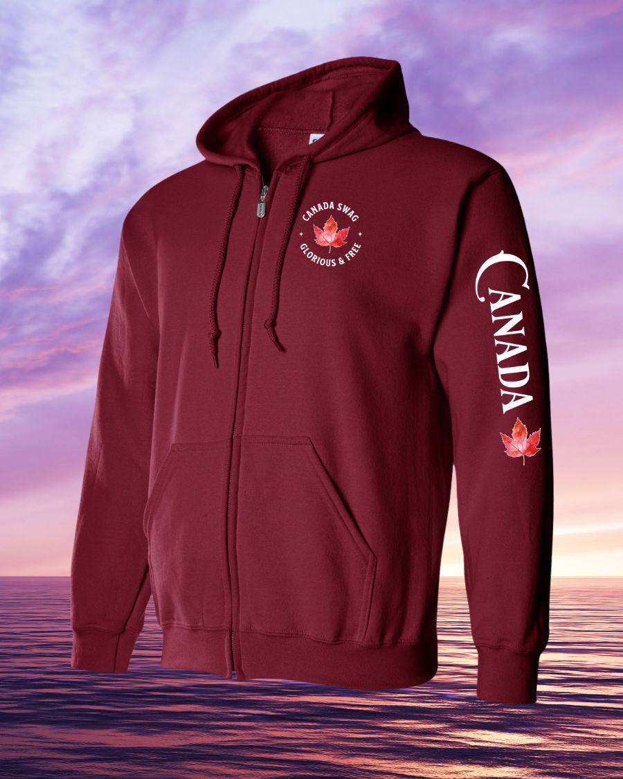 Canada Swag Glorious and Free leaf left chest and sleeve Zip hoodie - Unisex