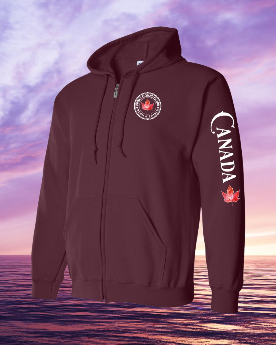 Born and Raised Prince Edward Island Canada left chest and sleeve Zip hoodie - Unisex