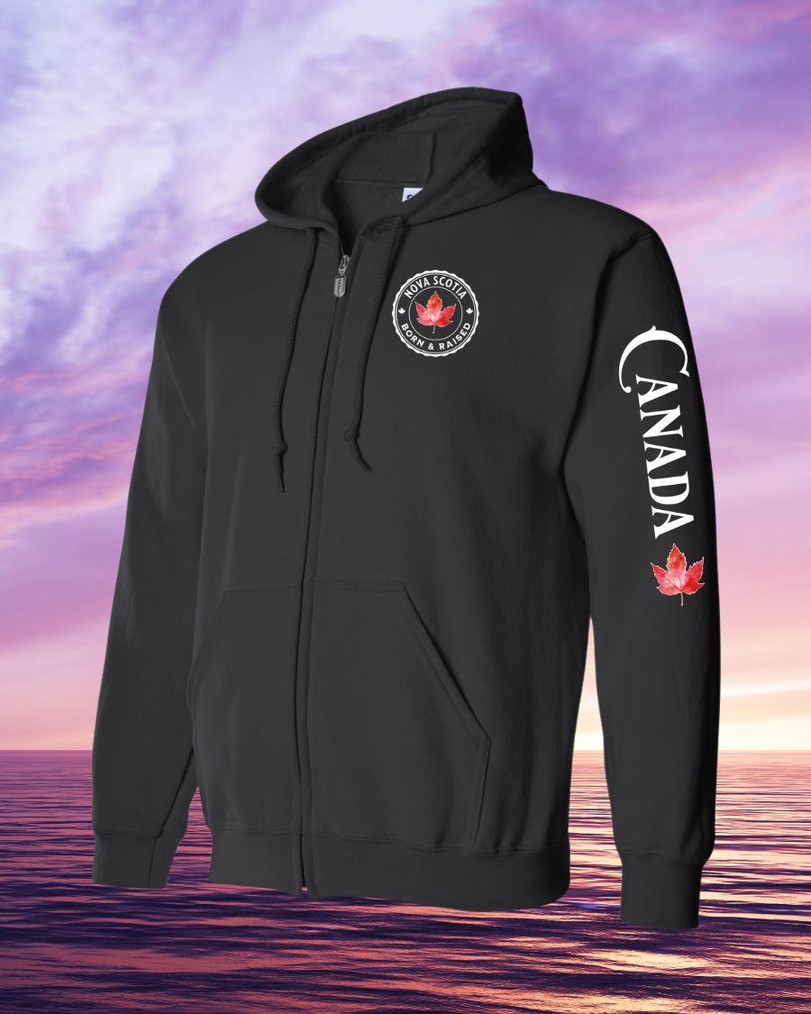 Born and Raised Nova Scotia Canada left chest and sleeve Zip hoodie - Unisex