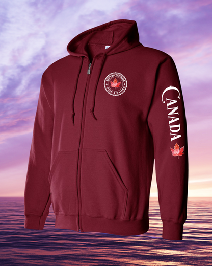 Born and Raised British Columbia Canada left chest and sleeve Zip hoodie