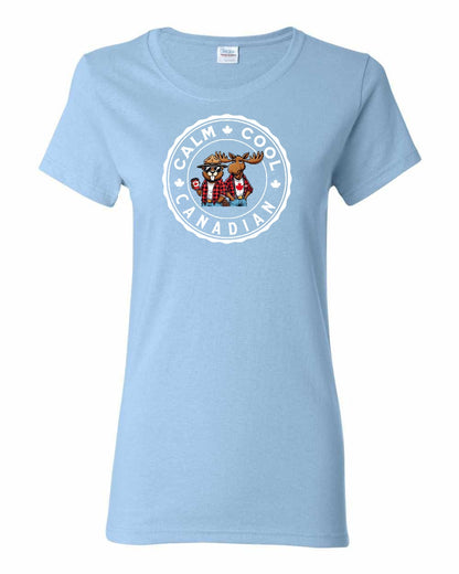 Calm Cool Canadian Beaver and Moose Full Front Women's Tee - Gildan Canada (sewn Internationally)