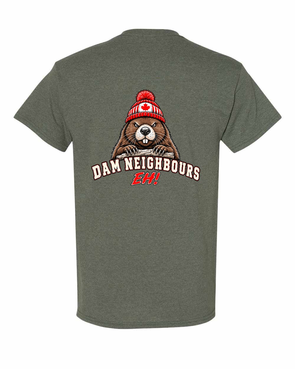 Dam Neighbours Left Chest and Back Men's Tee in Heather Military Green - back