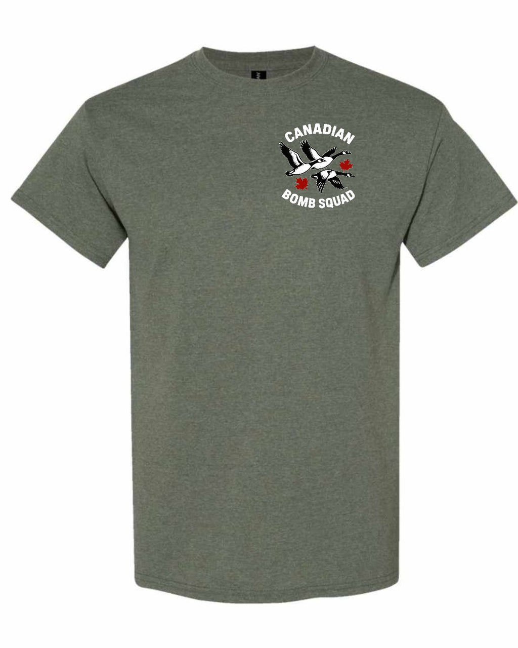 Canadian Bomb Squad Cropped Left Chest and Back Men's Tee in Heather Military Green