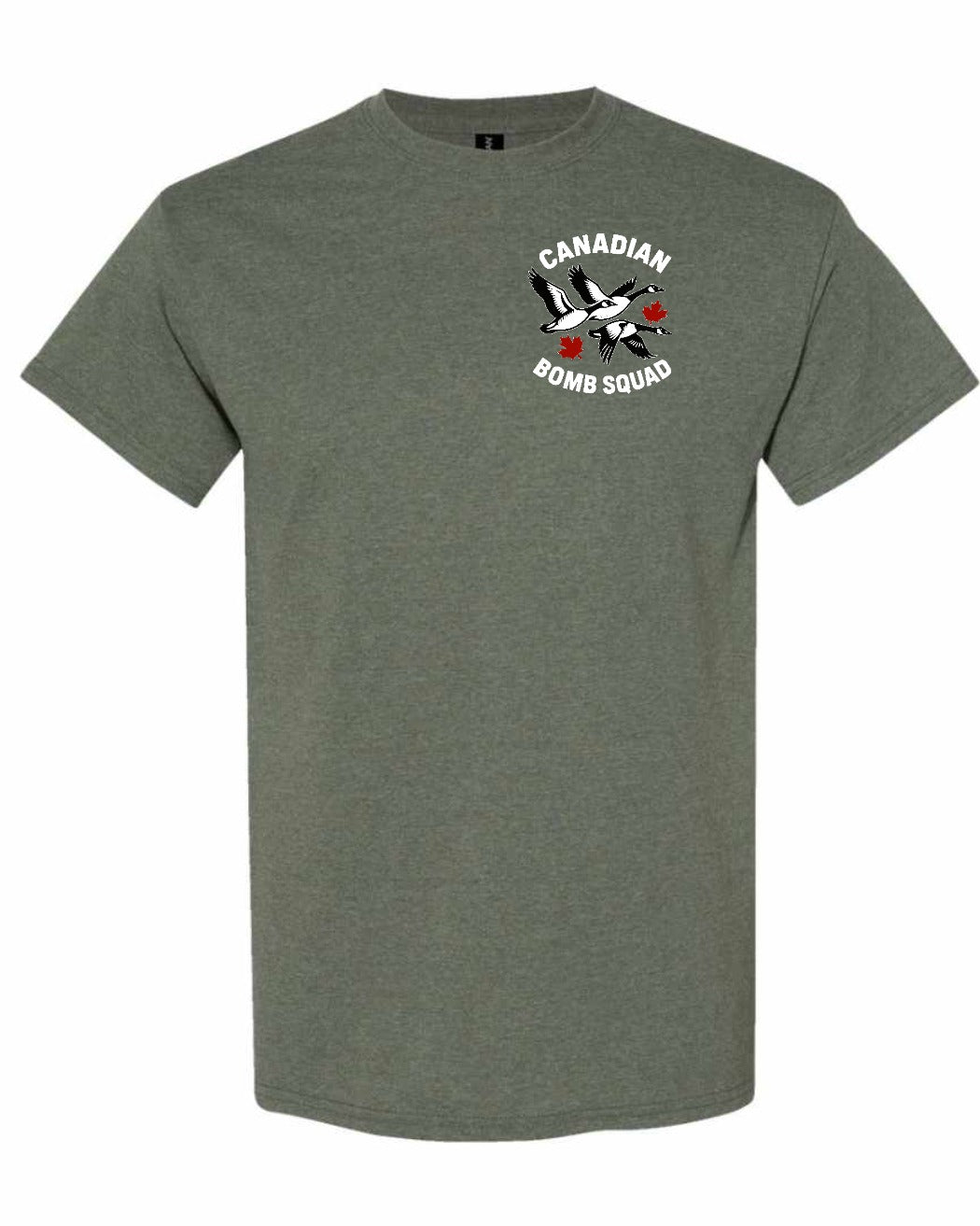 Canadian Bomb Squad Cropped Left Chest and Back Men's Tee in Heather Military Green