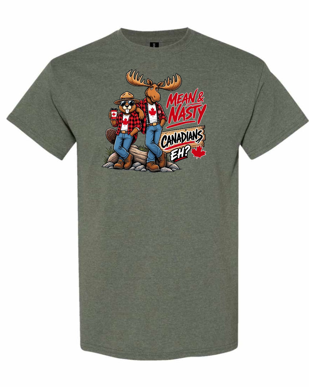 Mean and Nasty New Full Front Men's Tee in Heather Military Green