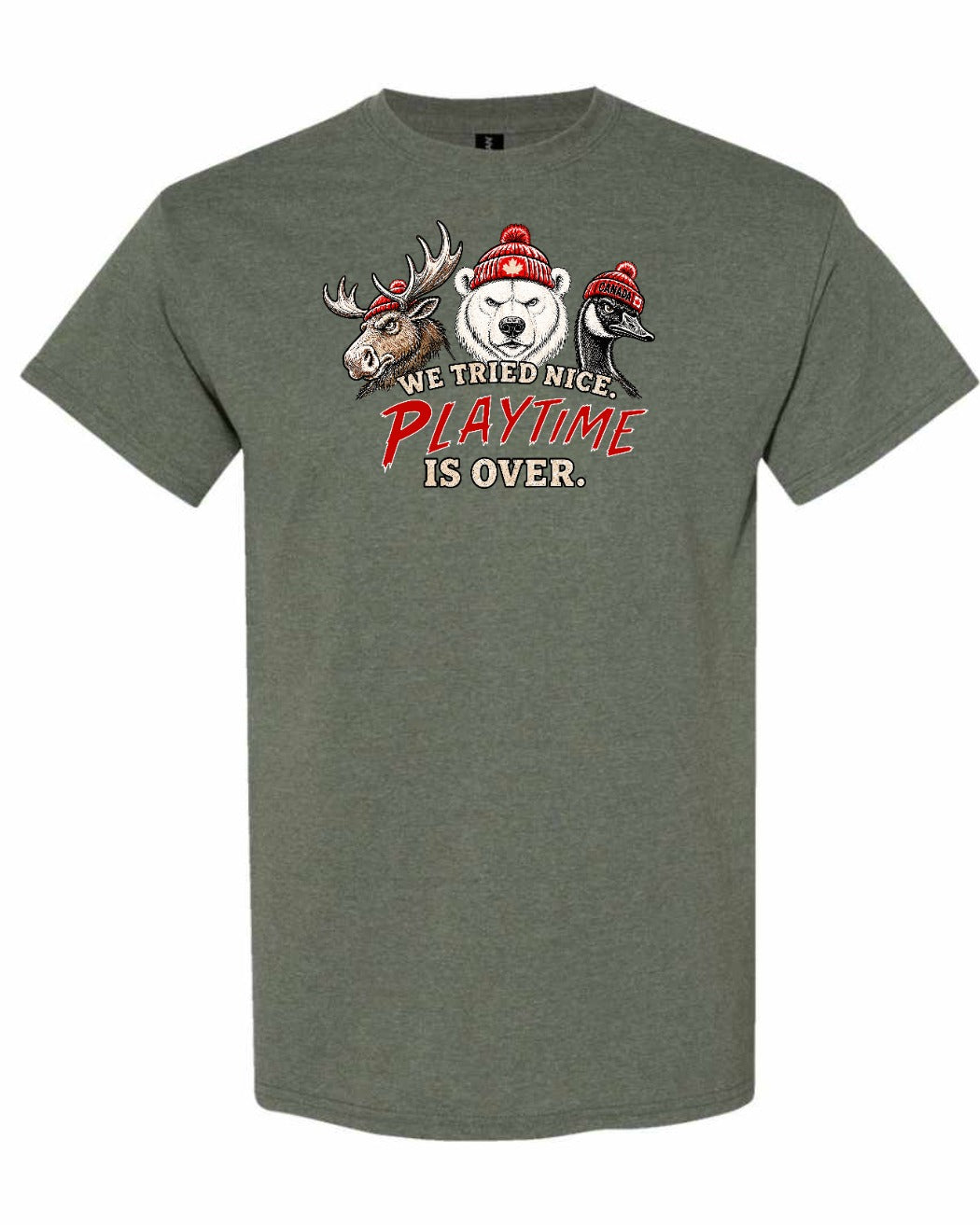 We Tried Nice New Full Front Men's Tee in Heather Military Green