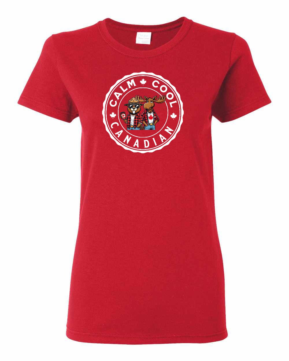 Calm Cool Canadian Beaver and Moose Full Front Women's Tee - Gildan Canada (sewn Internationally)