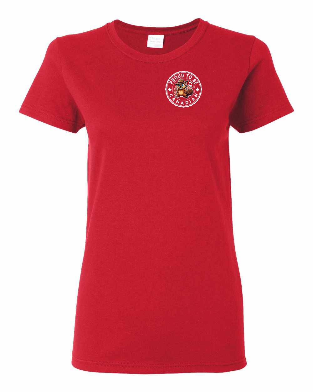 Proud to be Canadian Beaver Left Chest and Back Women's Tee - Gildan Canada (sewn Internationally)