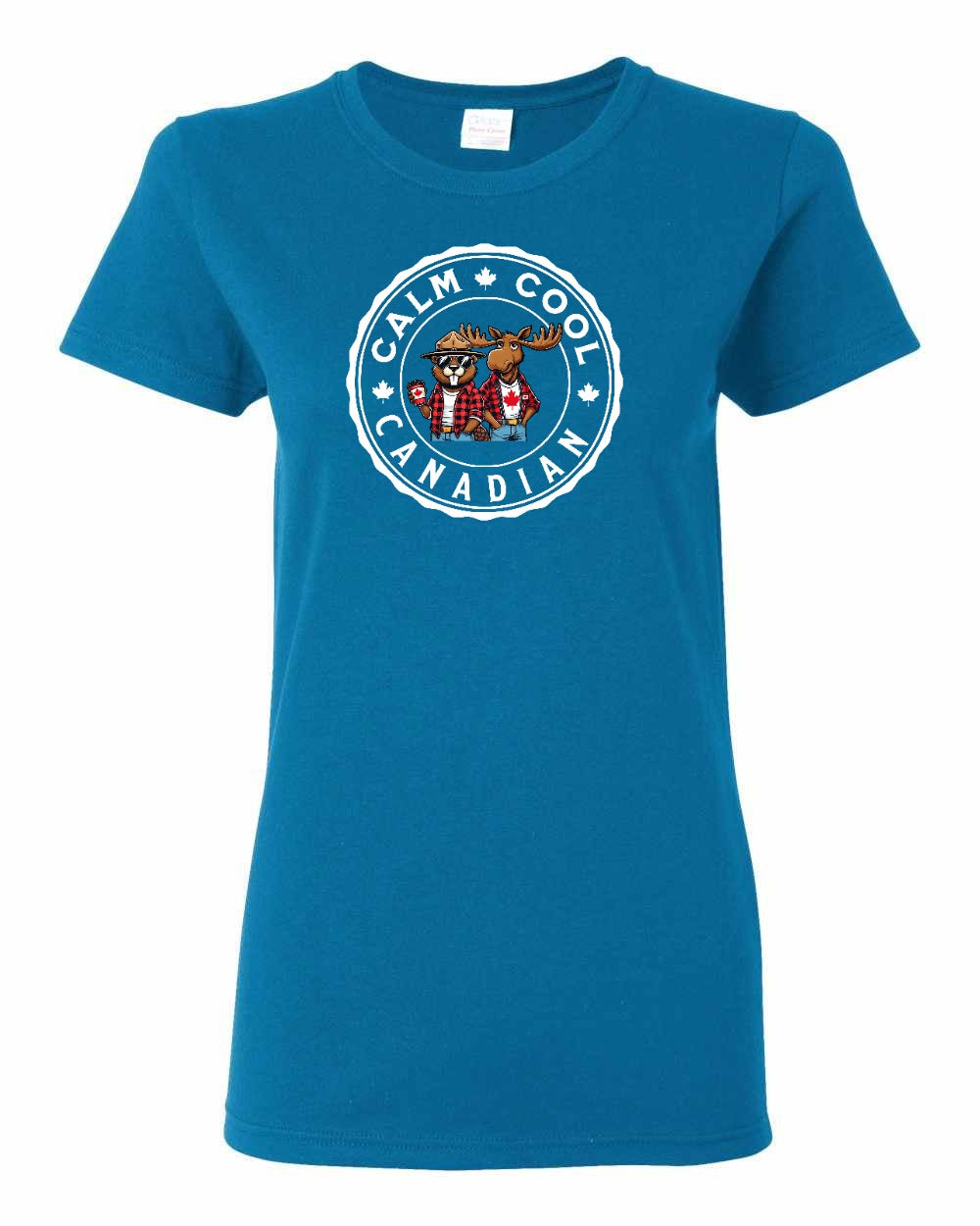 Calm Cool Canadian Beaver and Moose Full Front Women's Tee - Gildan Canada (sewn Internationally)