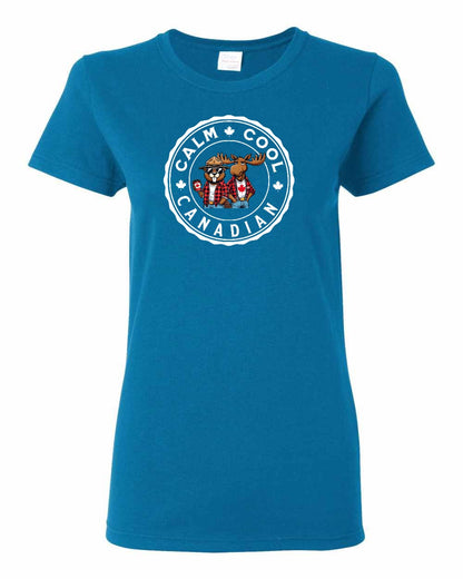Calm Cool Canadian Beaver and Moose Full Front Women's Tee - Gildan Canada (sewn Internationally)