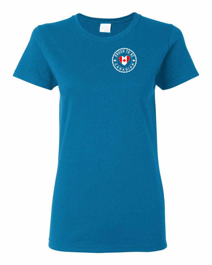 Proud to Be Canadian Heart Left Chest Women's Tee - Gildan Canada (sewn Internationally)