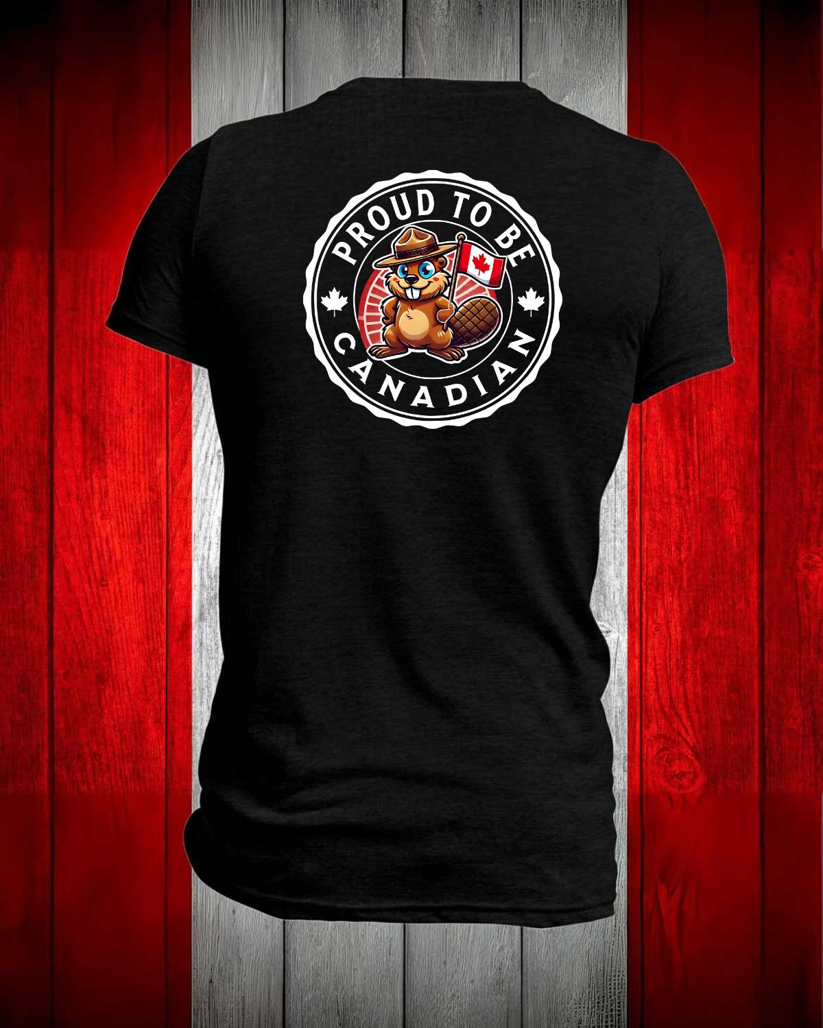 Proud to be Canadian Mountie Beaver Left Chest and Back Men's Stanfield's Tee