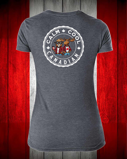 Calm, Cool Canadian Beaver and Moose Left Chest And Full Back Women's V-neck Stanfield's Tee