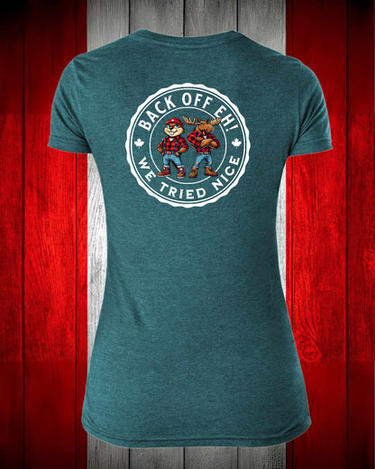 Back off we Tried Nice Left Chest and Full Back Women's V-neck Stanfield's Tee