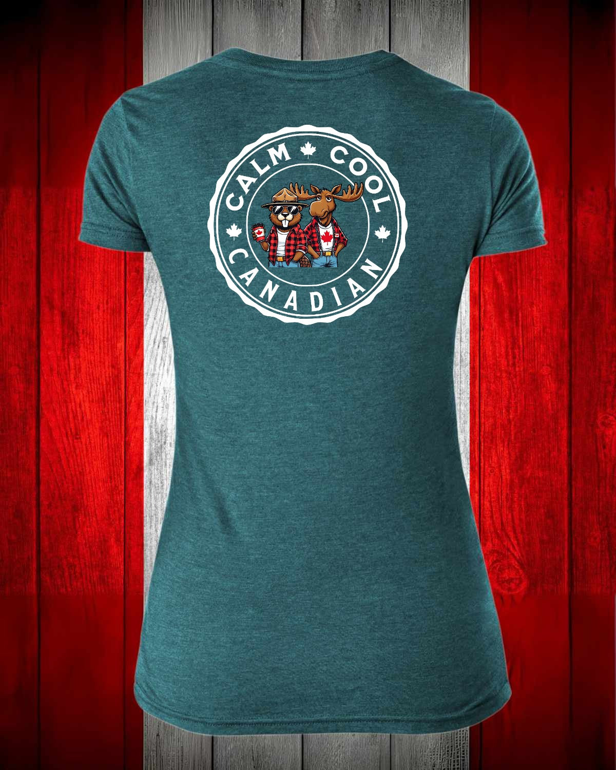 Calm, Cool Canadian Beaver and Moose Left Chest And Full Back Women's V-neck Stanfield's Tee