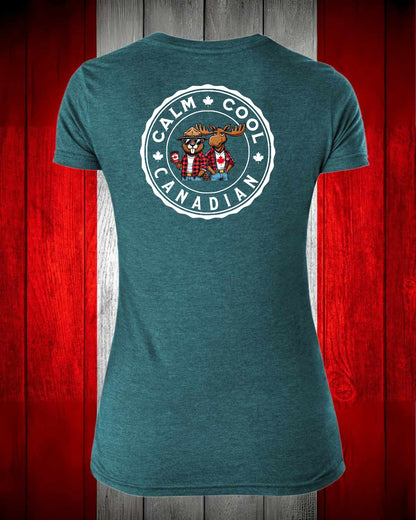 Calm, Cool Canadian Beaver and Moose Left Chest And Full Back Women's V-neck Stanfield's Tee