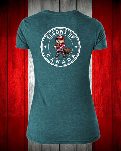 Elbows Up Beaver Left Chest And Full Back Women's V-neck Stanfield's Tee