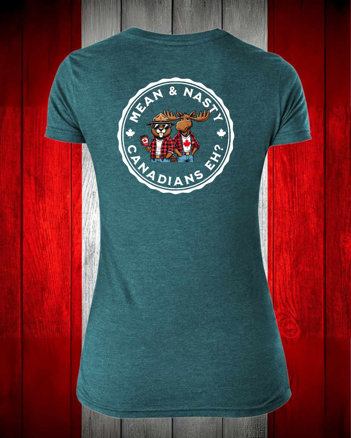 Mean And Nasty Canadian's Eh! Left Chest and Full Back Women's V-neck Stanfield's Tee