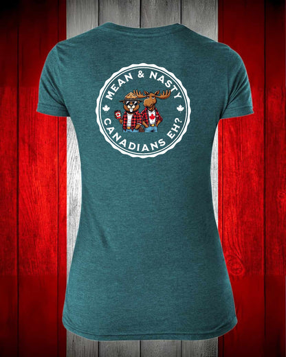 Mean And Nasty Canadian's Eh! Left Chest and Full Back Women's V-neck Stanfield's Tee