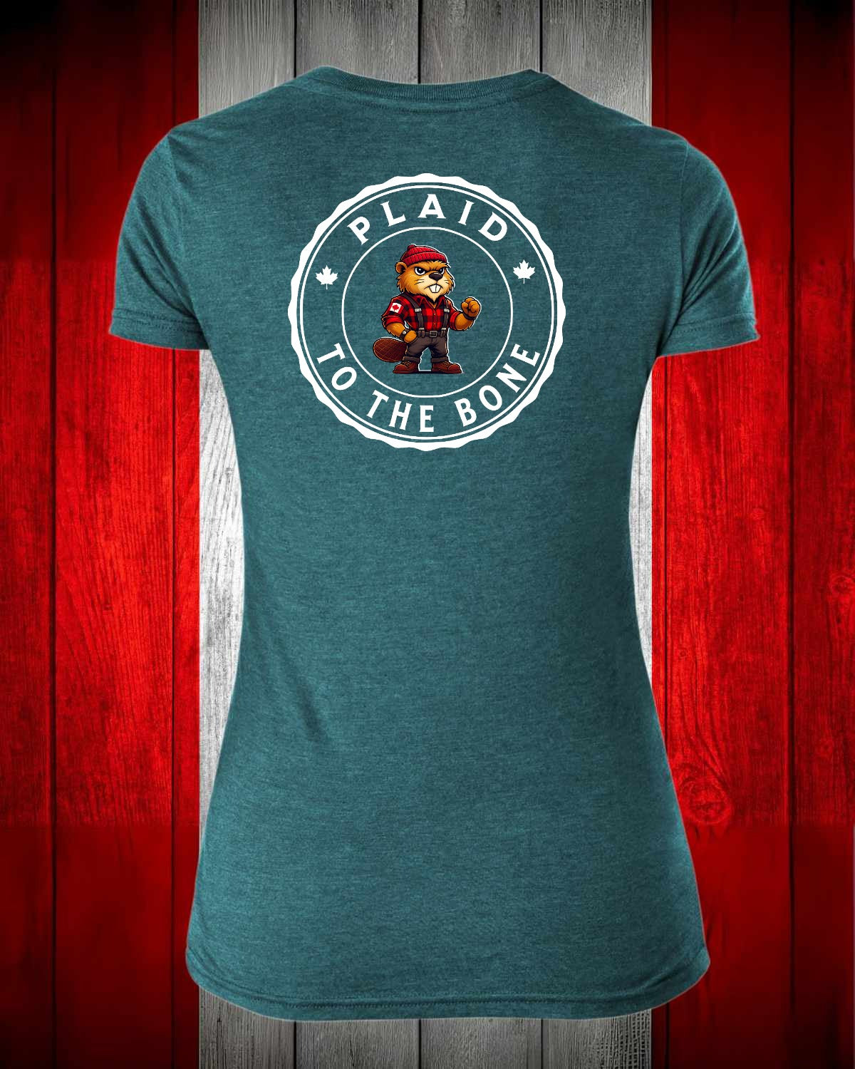 Plaid to the Bone Beaver Left Chest And Full Back Women's V-neck Stanfield's Tee