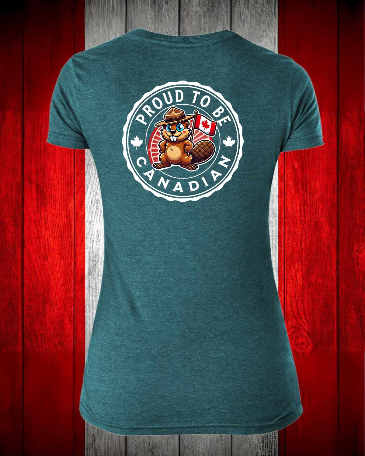 Proud to be Canadian Beaver Left Chest And Full Back Women's V-neck Stanfield's Tee