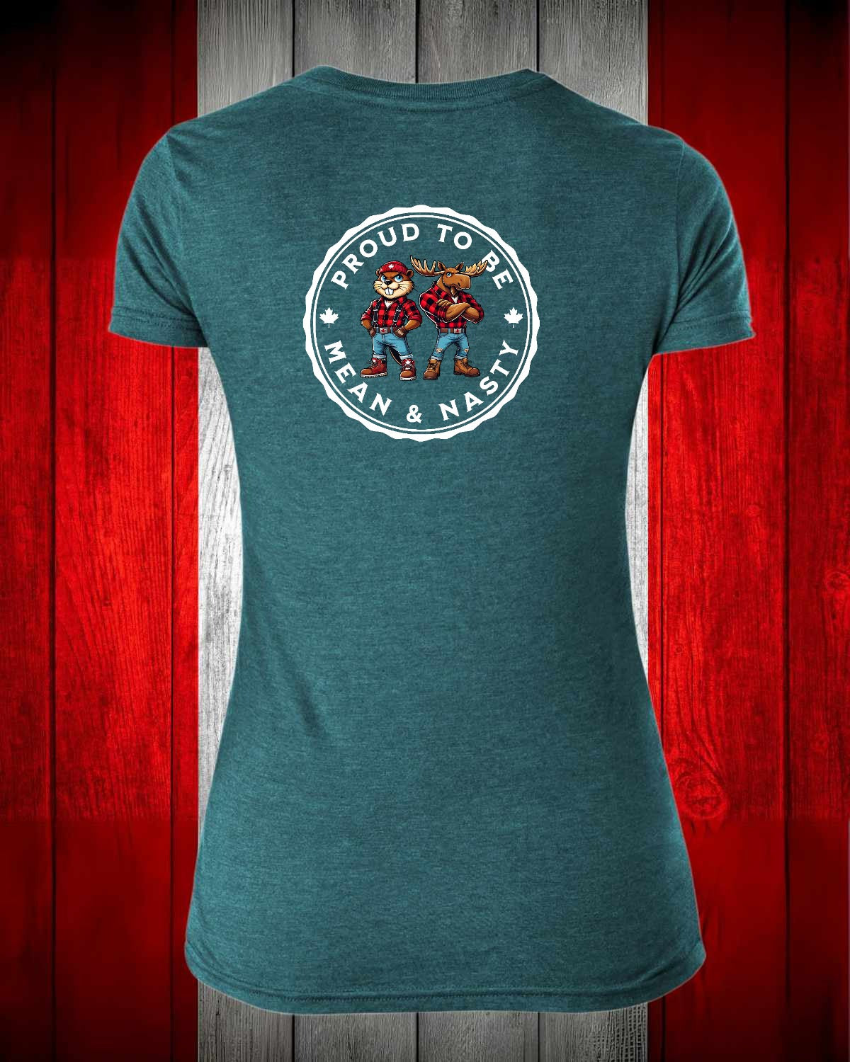 Proud to be Mean & Nasty Moose / Beaver  Left Chest And Full Back Women's V-neck Stanfield's Tee