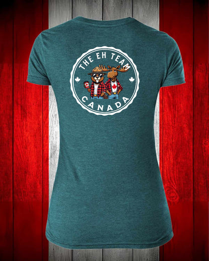 The Eh Team Left Chest and Full Back Women's V-neck Stanfield's Tee
