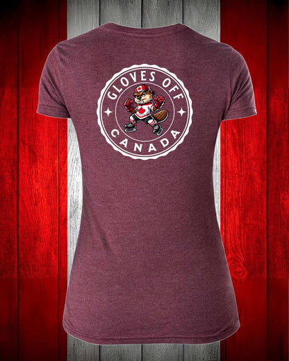 Gloves Off Beaver Left Chest and Full Back Women's V-neck Stanfield's Tee
