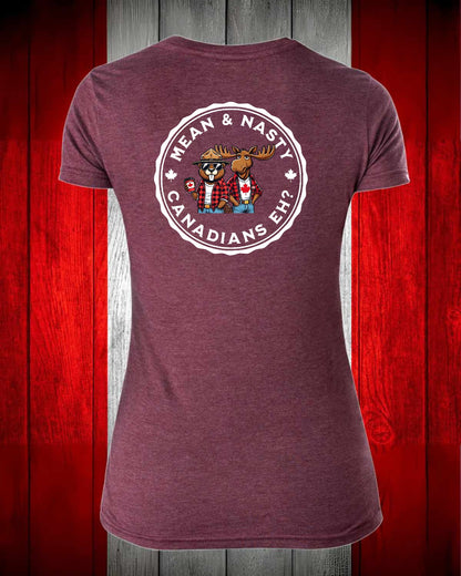 Mean And Nasty Canadian's Eh! Left Chest and Full Back Women's V-neck Stanfield's Tee