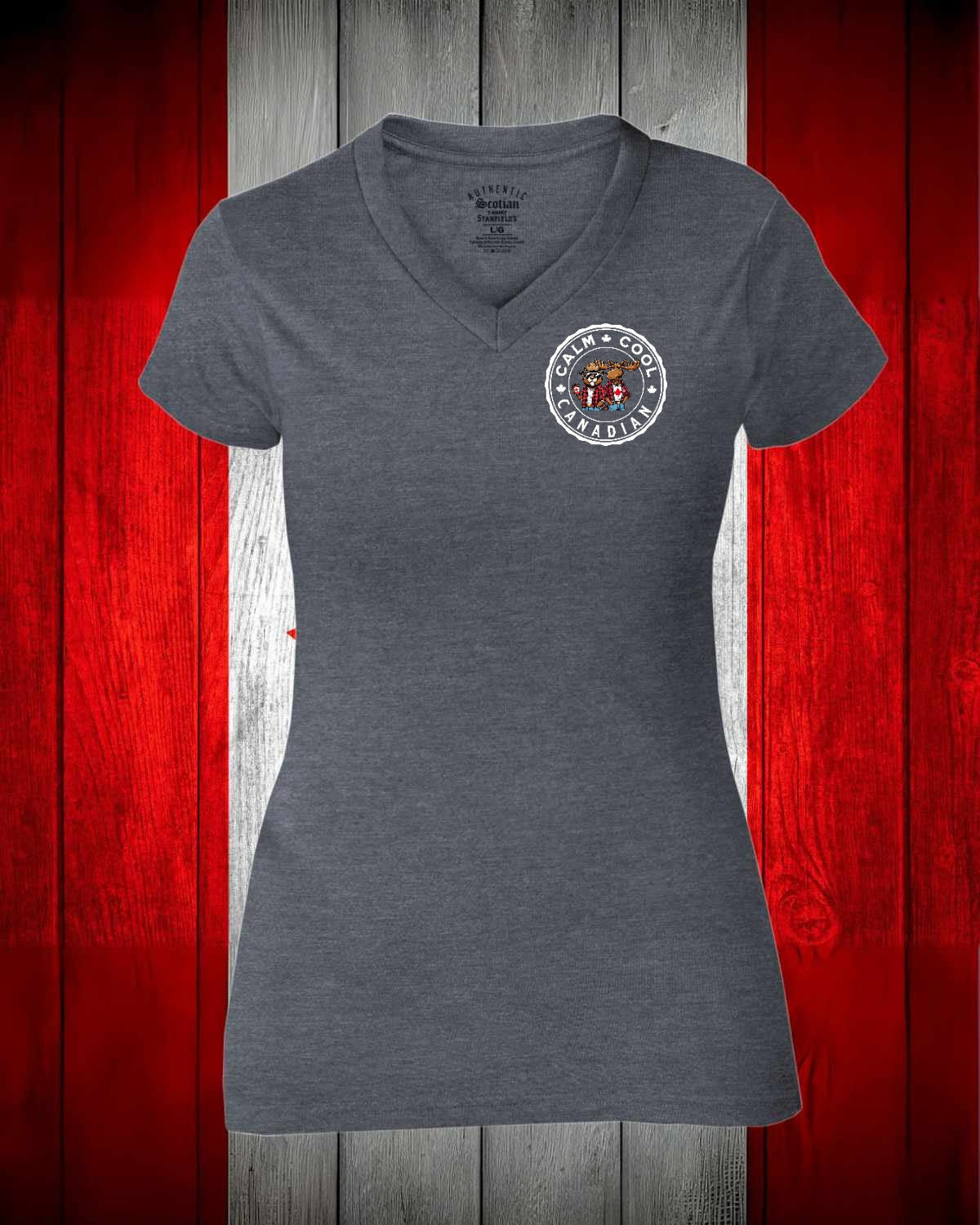Calm, Cool Canadian Beaver and Moose Left Chest And Full Back Women's V-neck Stanfield's Tee