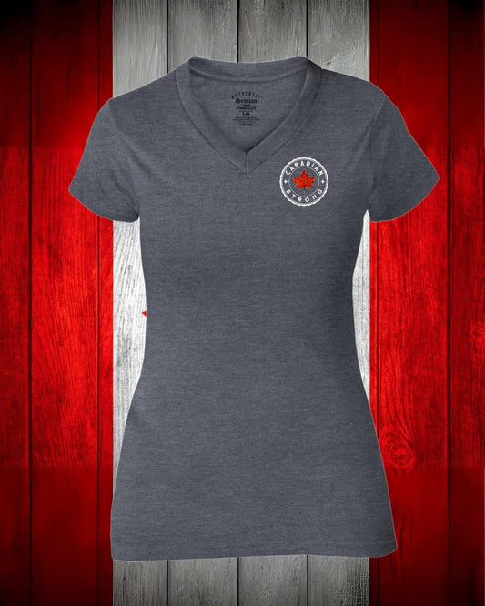 Canadian Strong Leaf Left Chest and Full Back Women's V-neck Stanfield's Tee