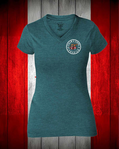 Calm, Cool Canadian Beaver and Moose Left Chest And Full Back Women's V-neck Stanfield's Tee