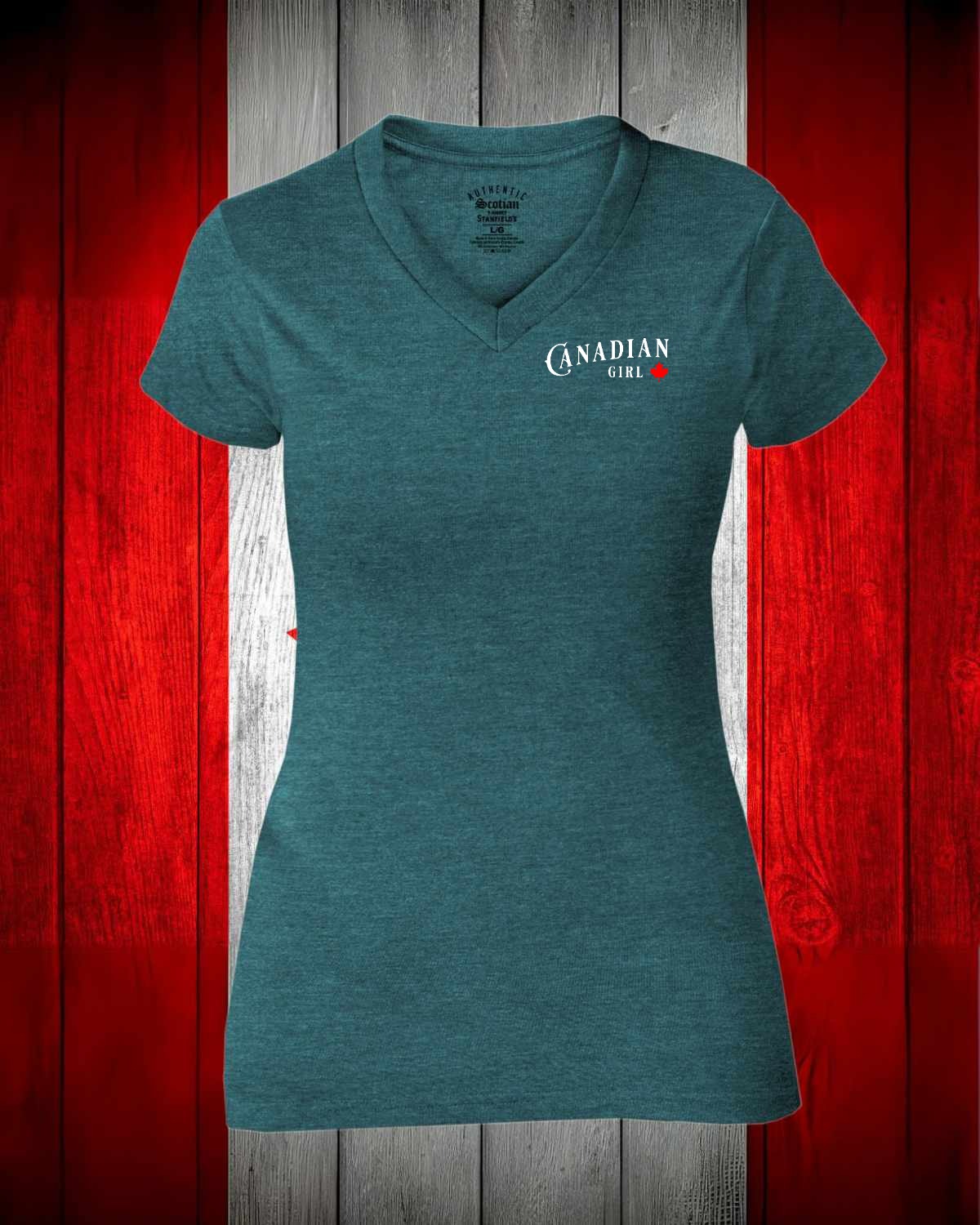 Canadian Girl Leaf left chest Women's V-neck Stanfield's Tee