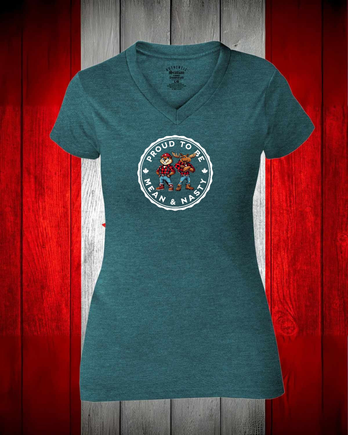 Proud to be Mean & Nasty Moose / Beaver  Full Women's V-neck Stanfield's Tee