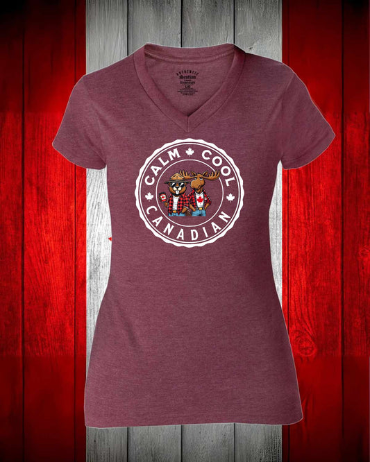Calm Cool Canadian Beaver and Moose Full Front Women's V-neck Stanfield's Tee