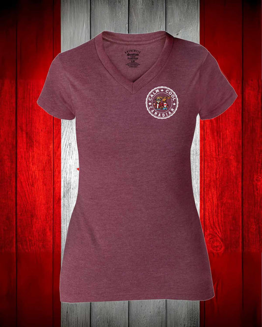 Calm, Cool Canadian Beaver and Moose Left Chest And Full Back Women's V-neck Stanfield's Tee