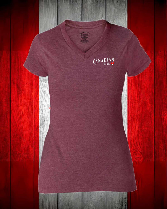 Canadian Girl Heart Flag left chest Women's V-neck Stanfield's Tee