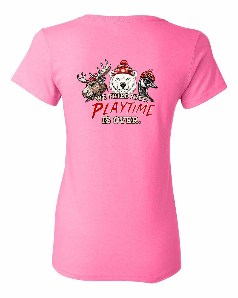 We Tried Nice New Left Chest and Back Women's Tee in Azalea Pink - back