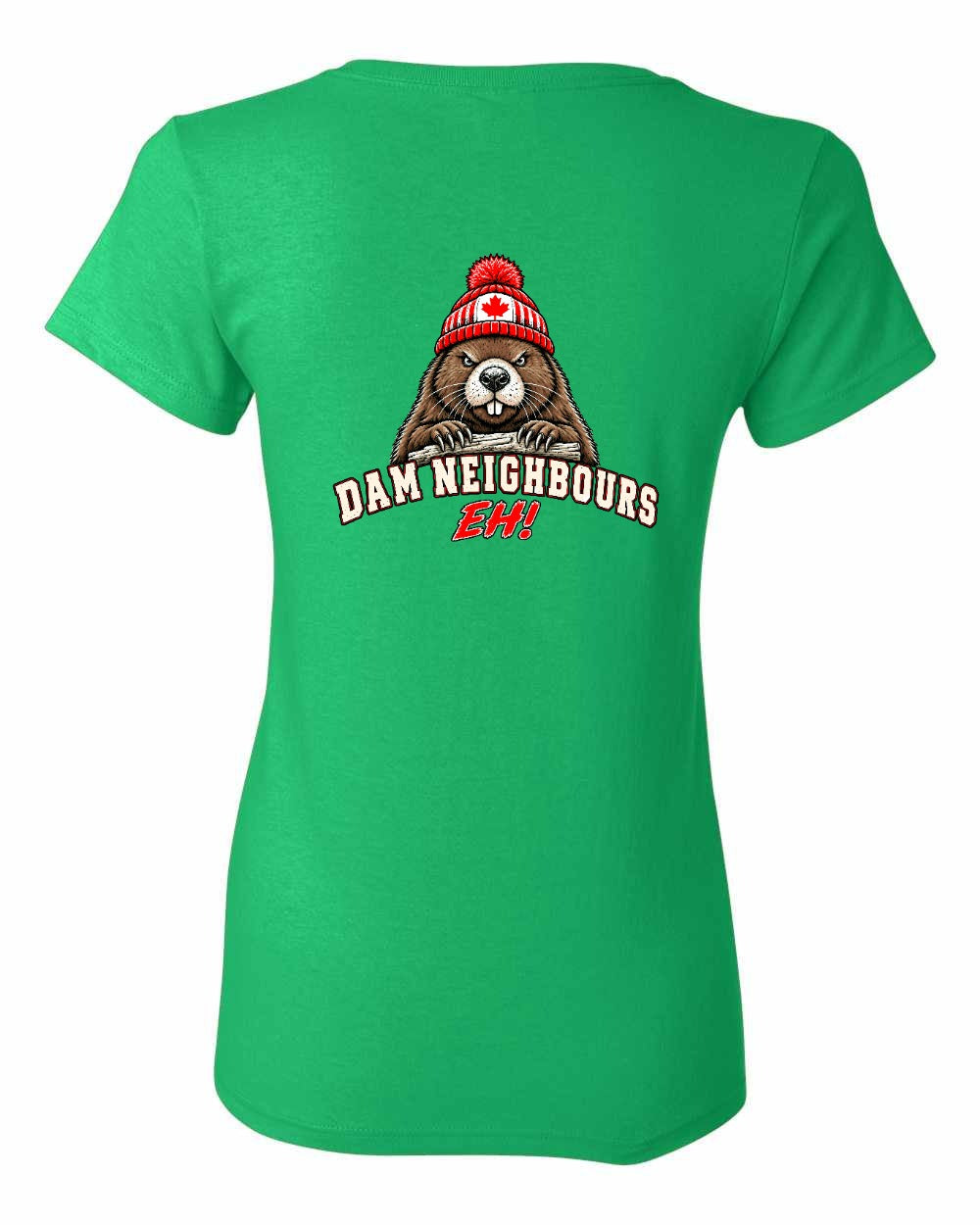 Dam Neighbours Left Chest and Back Women's Tee in Irish Green - back