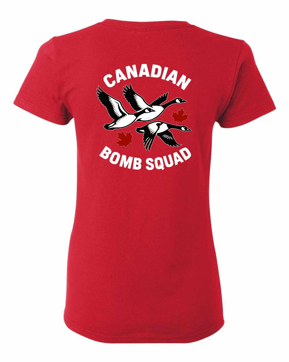 Canadian Bomb Squad Cropped Left Chest and Back Women's Tee in Red - back