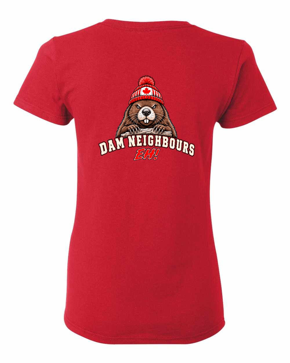 Dam Neighbours Left Chest and Back Women's Tee in Red - back