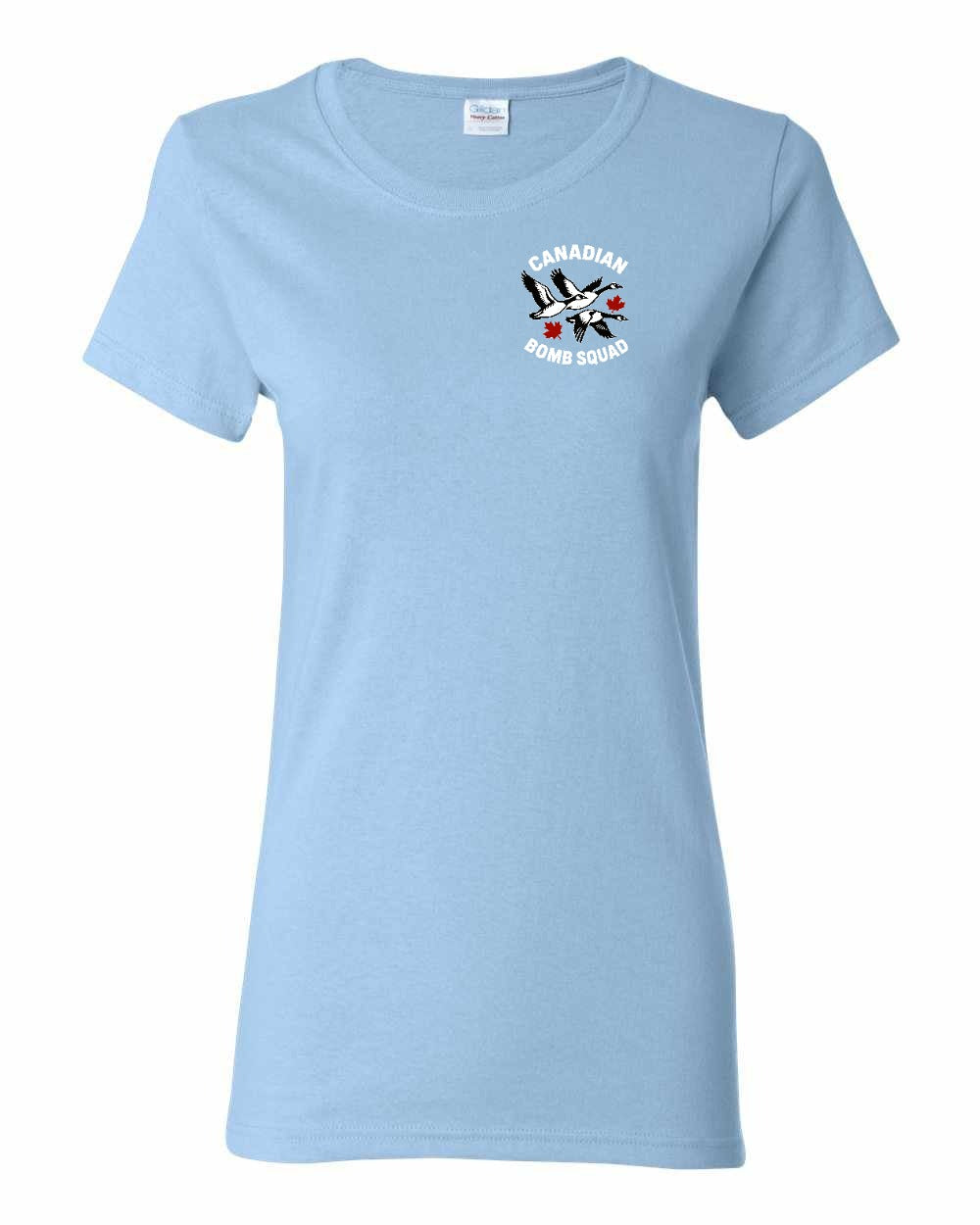 Canadian Bomb Squad Cropped Left Chest and Back Women's Tee in Light Blue