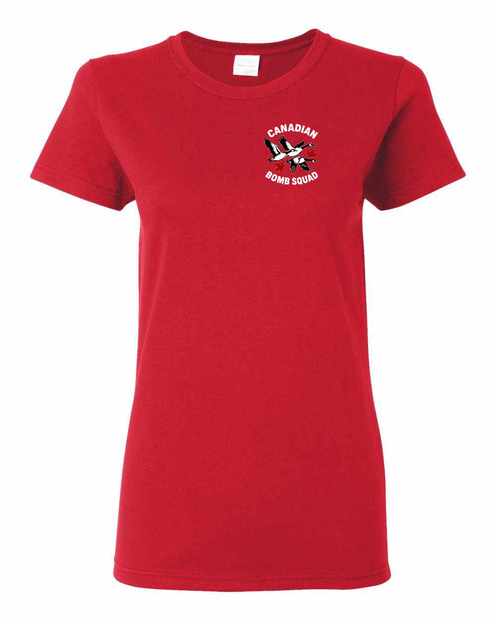 Canadian Bomb Squad Cropped Left Chest and Back Women's Tee in Red